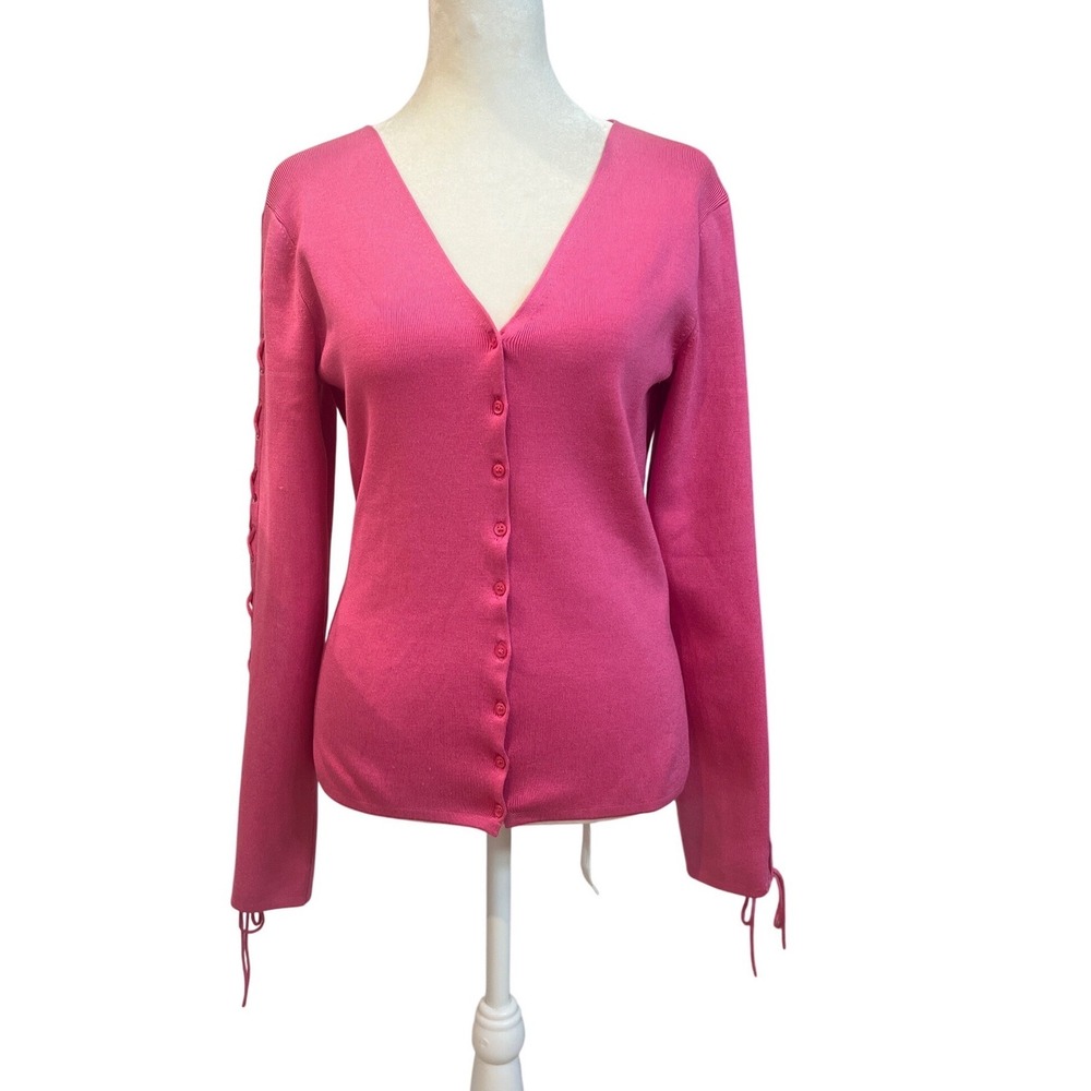 CACHE Pink V Neck‎ Lace Up Sleeve Cardigan Sweater Knit Y2K coquette Size L